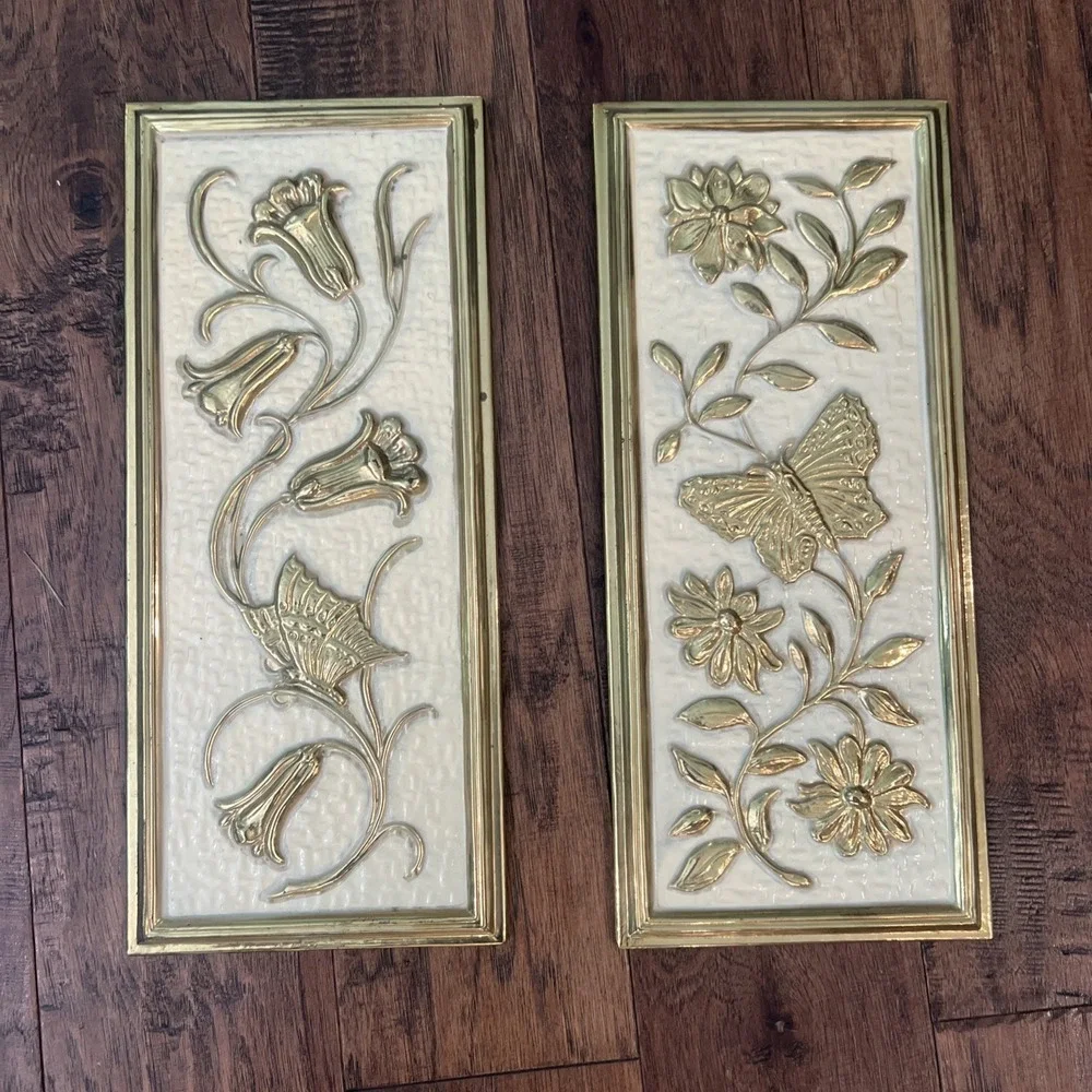 Vintage MCM Wall Panels Gold Floral Butterfly Cream 3D Set